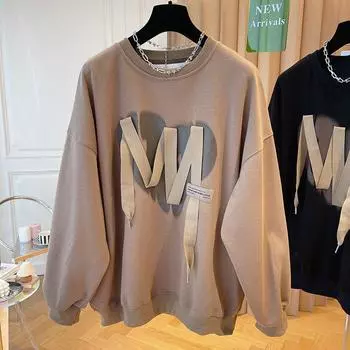 Женская толстовка модная лента свободный повседневный топ с круглым вырезом плюс размер пуловер M коричневый