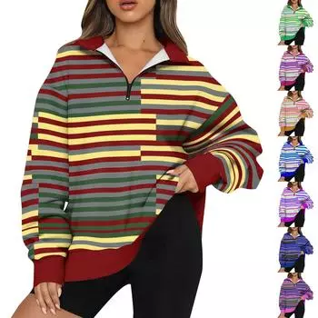 Женская толстовка, модная, с длинными рукавами, в полоску, с принтом, с застежкой-молнией на половину длины XXXL