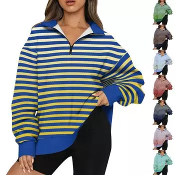 Женская толстовка, модная, с длинными рукавами, в полоску, с принтом, с застежкой-молнией на половину длины XXL