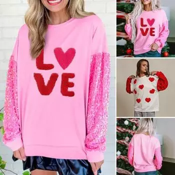 Женская толстовка на День святого Валентина с пайетками на рукавах и узором в виде сердца, яркий цвет, круглый вырез, длинный рукав S красный