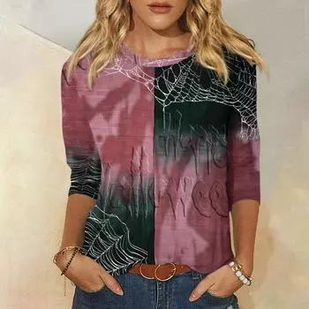 Женская толстовка на Хэллоуин с круглым вырезом и длинным рукавом, свободная, повседневная, осенняя, с принтом в виде паутины, из четырех частей, с забавным узором S