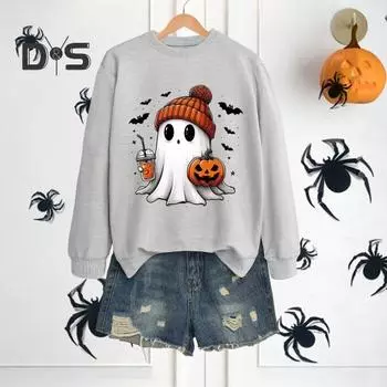 Женская толстовка на Хэллоуин с принтом тыквы и летучей мыши, привидения, круглый вырез, длинные рукава, пуловер, топ, повседневная одежда, спортивная толстовка для поездок на работу S розовый