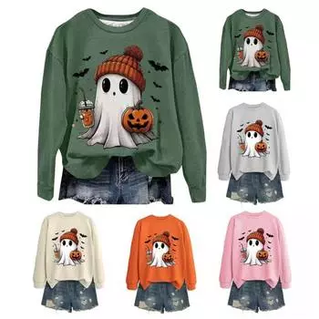 Женская толстовка на Хэллоуин с принтом тыквы и летучей мыши, привидения, круглый вырез, длинные рукава, пуловер, топ, повседневная одежда, спортивная толстовка для поездок на работу S слоновая кость