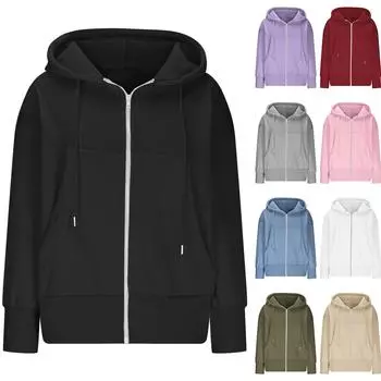 Женская толстовка на молнии с длинным рукавом, толстовки с капюшоном и карманами, куртка, пальто для женщин L чёрный