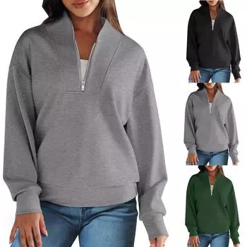 Женская толстовка на молнии с длинным рукавом и воротником на четверть молнии, пуловер, топы, осенние наряды M зелёный