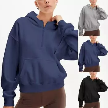 Женская толстовка на молнии с капюшоном, повседневный пуловер с V-образным вырезом и длинными рукавами, топы S тёмно-синий