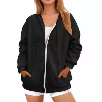 Женская толстовка на молнии, женская осенняя модная блузка, легкая толстовка с капюшоном, куртка с карманами M чёрный