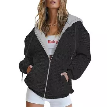 Женская толстовка на молнии, женская осенняя модная блузка, легкая толстовка с капюшоном, куртка с карманами M чёрный