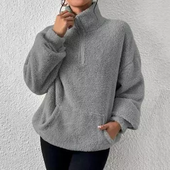 Женская толстовка на зиму и осень, утолщенная плюшевая однотонная рубашка с воротником-стойкой, защита шеи, пуловер с длинными рукавами, ветрозащитный морозостойкий женский весенний топ L серый