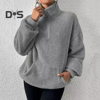 Женская толстовка на зиму и осень, утолщенная плюшевая однотонная рубашка с воротником-стойкой, защита шеи, пуловер с длинными рукавами, ветрозащитный морозостойкий женский весенний топ L серый