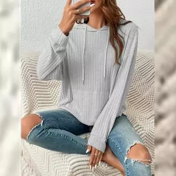 Женская толстовка, однотонная повседневная трикотажная одежда, модная толстовка с капюшоном и карманом в полоску, пуловер S чёрный