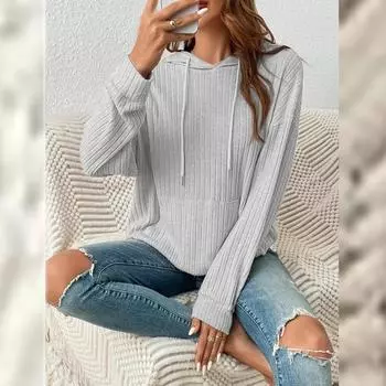 Женская толстовка, однотонная повседневная трикотажная одежда, модная толстовка с капюшоном и карманом в полоску, пуловер S чёрный