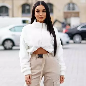 Женская толстовка, однотонный модный топ с длинными рукавами, теплый флисовый пуловер на молнии с воротником-стойкой S белый