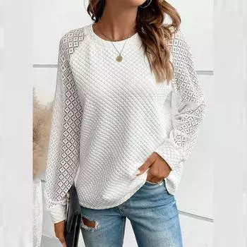 Женская толстовка, однотонный свободный ромбический топ с кружевными рукавами, повседневный пуловер S белый