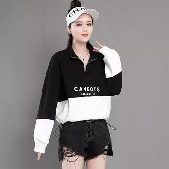 Женская толстовка осень 2023 года с цветными блоками, воротником-стойкой и застежкой-молнией на половину длины — свободный крой, длинные рукава с завязкой на шнурке XL розовый