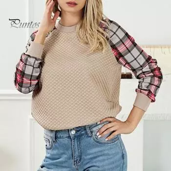 Женская толстовка осень-весна с принтом в клетку, с круглым вырезом, свободная, с длинными рукавами, с ромбовидной текстурой, повседневная одежда, спортивный топ M коричневый