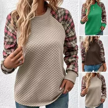 Женская толстовка осень-весна с принтом в клетку, с круглым вырезом, свободная, с длинными рукавами, с ромбовидной текстурой, повседневная одежда, спортивный топ M зелёный