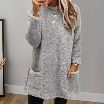 Женская толстовка осень-зима, мягкая, плотная, плюшевая, однотонная, с длинным рукавом, ветрозащитная, полувысокий воротник, теплая, повседневная, средней длины, с карманами, свободный женский пуловер L серый