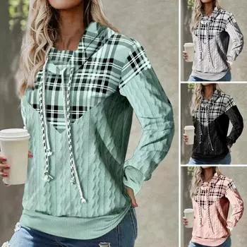 Женская толстовка осень-зима на шнуровке с клетчатым принтом и длинными рукавами с воротником-стойкой, повседневная свободная посадка, мягкая теплая женская верхняя блузка, спортивная одежда 2XL зелёный