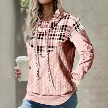 Женская толстовка осень-зима на шнуровке с клетчатым принтом и длинными рукавами с воротником-стойкой, повседневная свободная посадка, мягкая теплая женская верхняя блузка, спортивная одежда 2XL зелёный