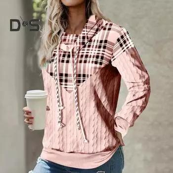 Женская толстовка осень-зима на шнуровке с клетчатым принтом и длинными рукавами с воротником-стойкой, повседневная свободная посадка, мягкая теплая женская верхняя блузка, спортивная одежда 2XL зелёный