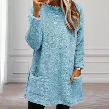 Женская толстовка осень-зима с круглым вырезом и свободными карманами, двухсторонний толстый плюшевый теплый пуловер с длинными рукавами, женский топ средней длины S фиолетовый