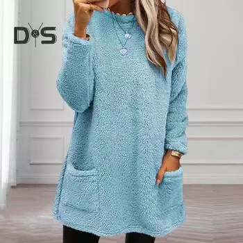 Женская толстовка осень-зима с круглым вырезом и свободными карманами, двухсторонний толстый плюшевый теплый пуловер с длинными рукавами, женский топ средней длины S фиолетовый