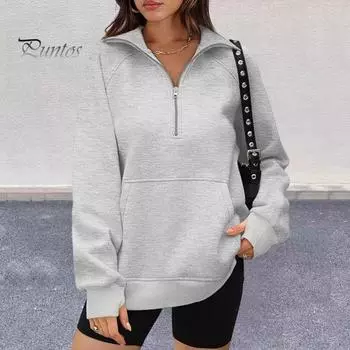 Женская толстовка осень-зима с застежкой-молнией на лацкане, с длинным рукавом и передним карманом, пуловер, однотонный свободный спортивный свитшот XL хаки