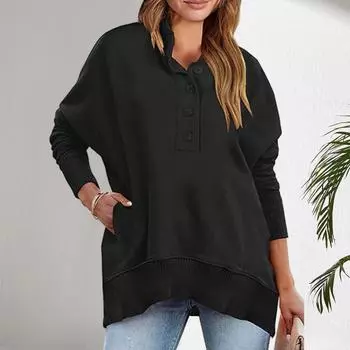 Женская толстовка осень-зима, свободный карман с пуговицами, лоскутное сплошное полотно, полуоткрытый воротник-стойка, пуловер средней длины, повседневная футболка S хаки