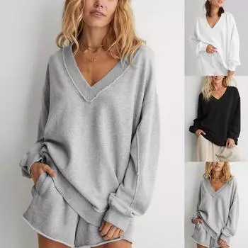 Женская толстовка оверсайз, повседневный пуловер с v-образным вырезом и длинными рукавами, топы
