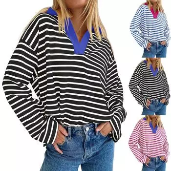 Женская толстовка оверсайз, повседневный пуловер с v-образным вырезом и длинными рукавами, топы M чёрный