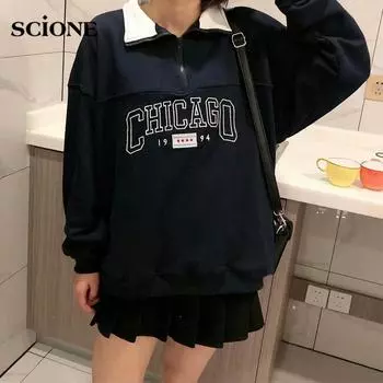 Женская толстовка-поло в готическом стиле, толстовка с вышивкой букв Чикаго, широкая толстовка с лацканами и застежкой-молнией One Size