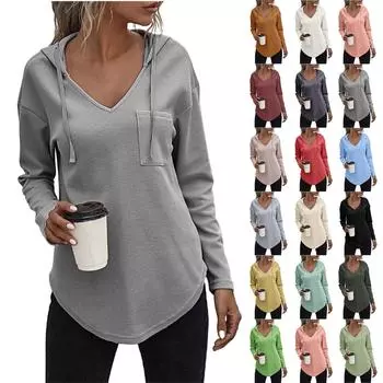 Женская толстовка, повседневный однотонный топ с длинным рукавом и v-образным вырезом, спортивный пуловер с карманами L бежевый