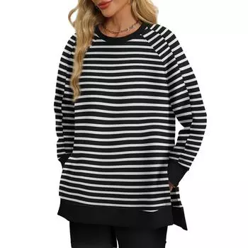 Женская толстовка, повседневный свитер с круглым вырезом и длинным рукавом, женская полосатая футболка-пуловер M чёрный