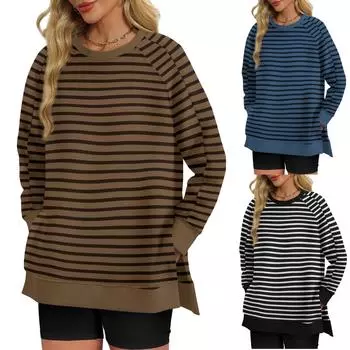 Женская толстовка, повседневный свитер с круглым вырезом и длинным рукавом, женская полосатая футболка-пуловер M чёрный