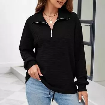 Женская толстовка премиум-класса со свободными лацканами и застежкой-молнией на половину длины на весну и осень S чёрный