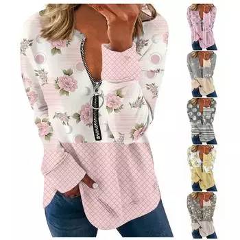 Женская толстовка, пуловер, базовая четверть, молния с длинным рукавом и принтом цветов, толстовка с капюшоном, повседневный топ L розовый