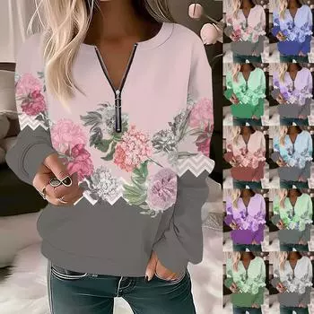 Женская толстовка, пуловер, базовая четверть, молния с длинным рукавом и принтом цветов, толстовка с капюшоном, повседневный топ L