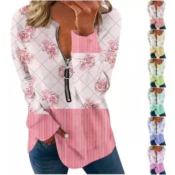 Женская толстовка, пуловер, базовая четверть, молния с длинным рукавом и принтом цветов, толстовка с капюшоном, повседневный топ L