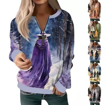 Женская толстовка, пуловер, базовый пуловер на молнии, V-образный вырез, длинный рукав, повседневный пуловер на все сезоны XXL синий