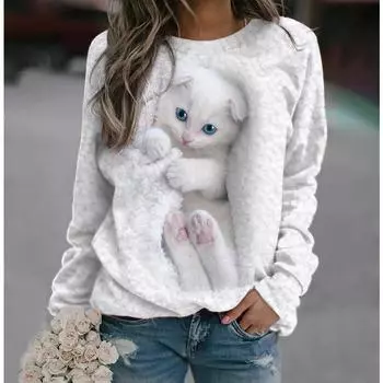 Женская толстовка-пуловер Cat Street Casual White Sports Basic Round Crow Long Sleeve Micro-elastic Fall & Winter Push On Top S