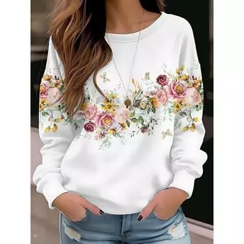 Женская толстовка-пуловер с цветочным принтом, повседневная, в стиле ретро, спортивная, базовая, с круглым вырезом и длинными рукавами, слегка эластичная, на осень и зиму S