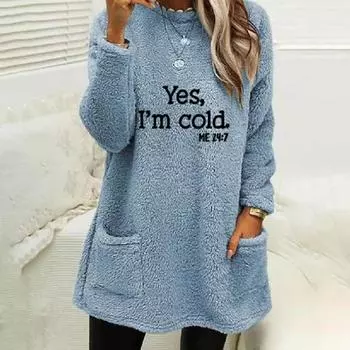Женская толстовка-пуловер с принтом, мягкая, повседневная, с длинным рукавом, круглым вырезом и карманами, толстовка для осени и зимы S светло-синий