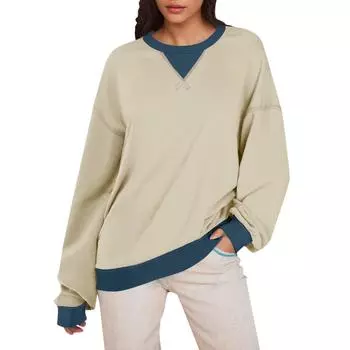 Женская толстовка с цветными блоками и воротником, негабаритная рубашка с длинными рукавами, повседневный пуловер, верхняя одежда M белый