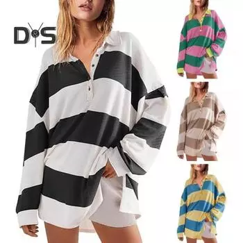 Женская толстовка с цветными блоками, полосатым отложным воротником, длинными рукавами, пуговицами, свободным пуловером, повседневная домашняя одежда, спортивная одежда S чёрный