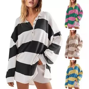 Женская толстовка с цветными блоками, полосатым отложным воротником, длинными рукавами, пуговицами, свободным пуловером, повседневная домашняя одежда, спортивная одежда S розовый