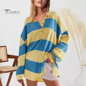 Женская толстовка с цветными блоками, полосатым отложным воротником, длинными рукавами, пуговицами, свободным пуловером, повседневная домашняя одежда, спортивная одежда S светло-синий
