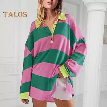 Женская толстовка с цветными блоками, полосатым отложным воротником, длинными рукавами, пуговицами, свободным пуловером, повседневная домашняя одежда, спортивная одежда S чёрный