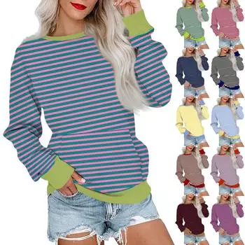 Женская толстовка с цветными блоками, повседневная удобная свободная легкая женская толстовка с длинным рукавом и круглым вырезом L