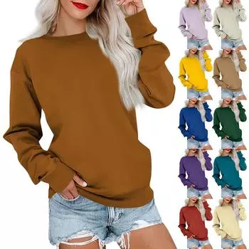 Женская толстовка с цветными блоками, повседневная удобная свободная легкая женская толстовка с длинным рукавом и круглым вырезом L верблюд